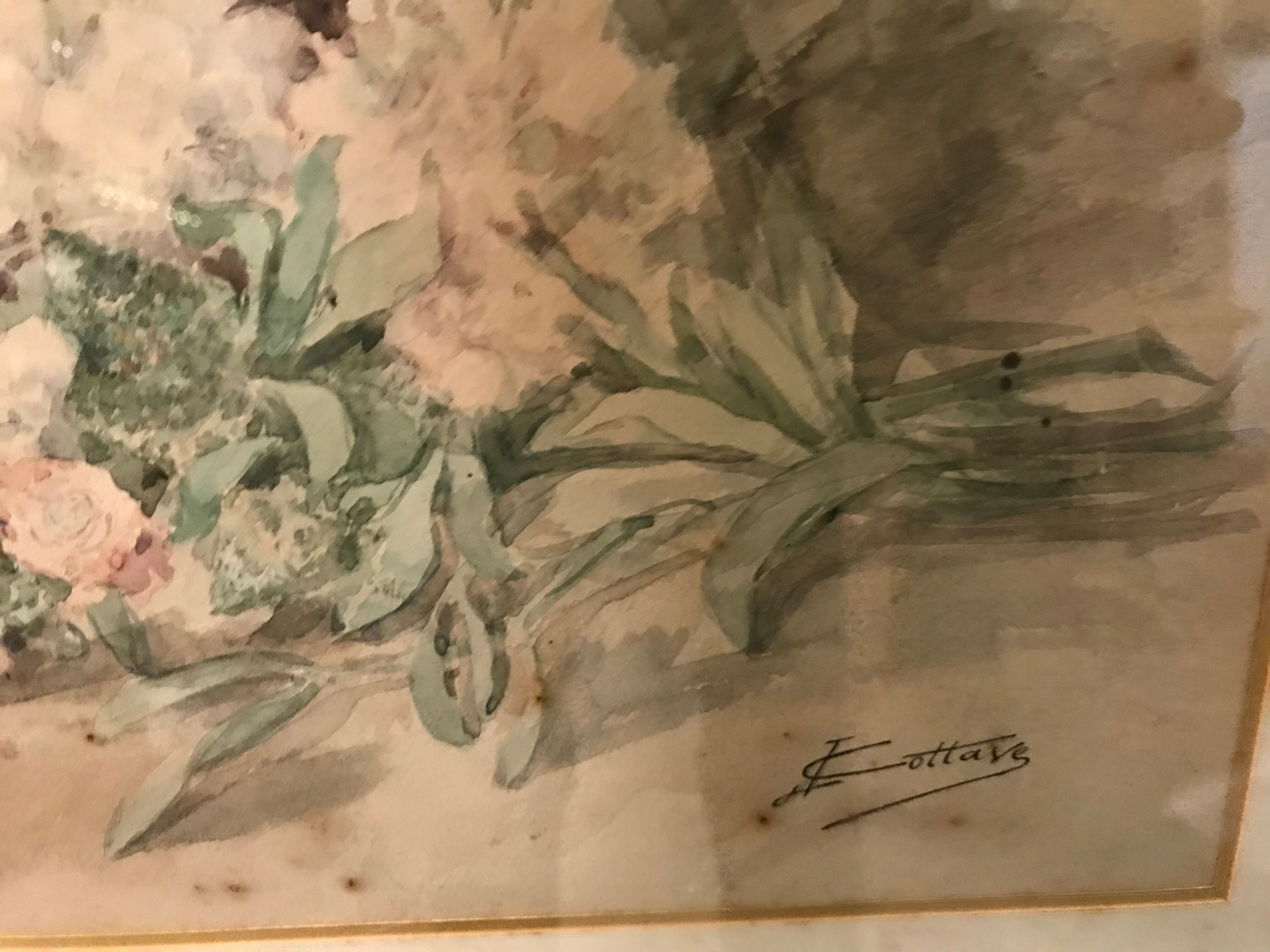 Basket of flowers watercolor painting - still life signed jeanne fabre cottave early twentieth