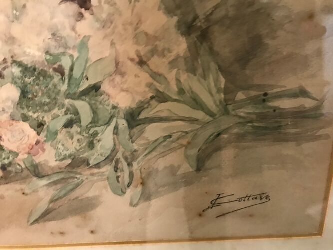 Panier de fleurs peinture aquarelle - nature morte signée jeanne fabre cottave debut xxeme