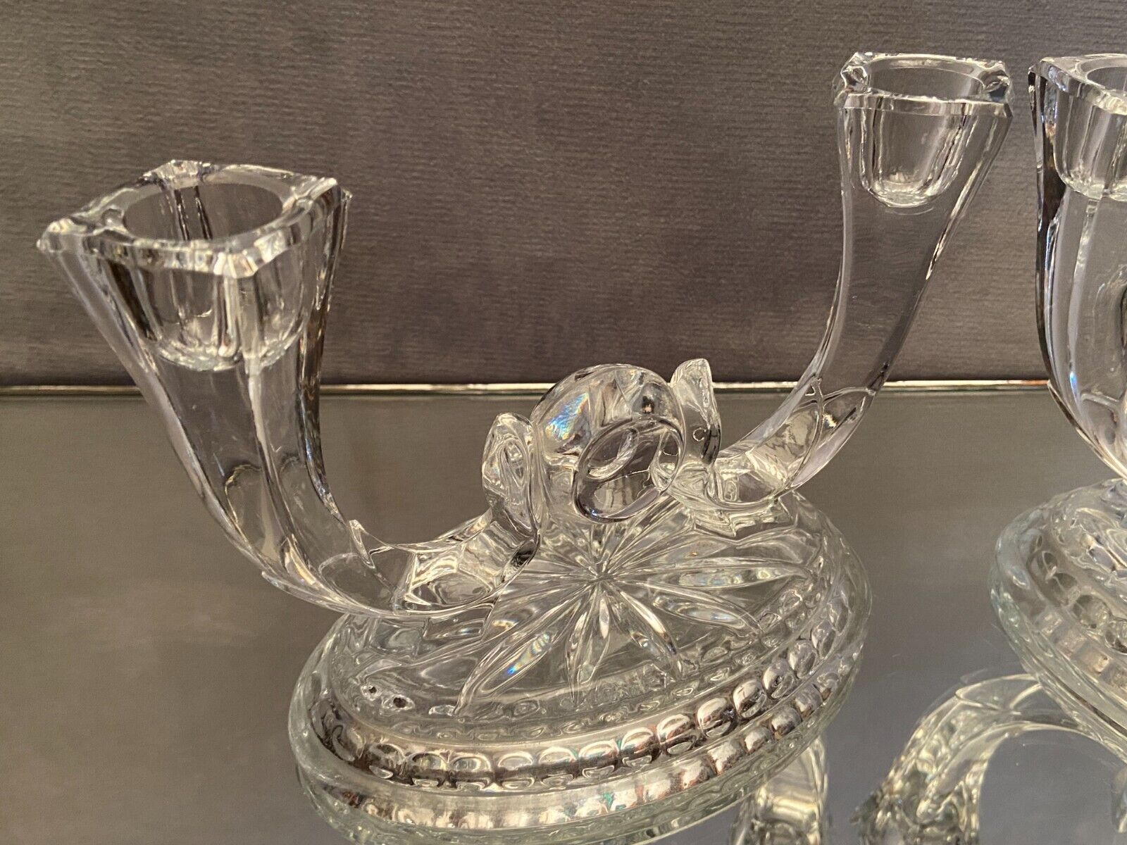 Pair of Val Saint Lambert crystal table end candlesticks