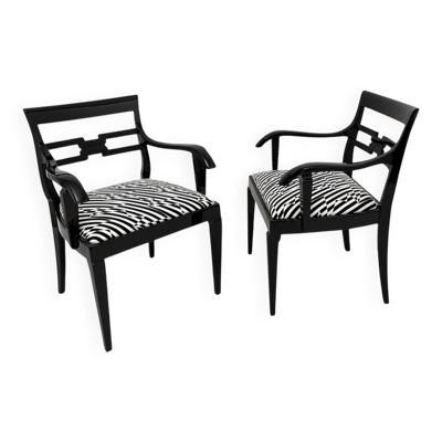 Fauteuils Art Déco en laque noire et tissu noir-crème, 1925