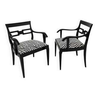 Art Deco Armchairs in Black Lacquer and Black-Creme Fabric, 1925