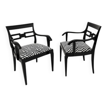 Fauteuils Art Déco en laque noire et tissu noir-crème, 1925