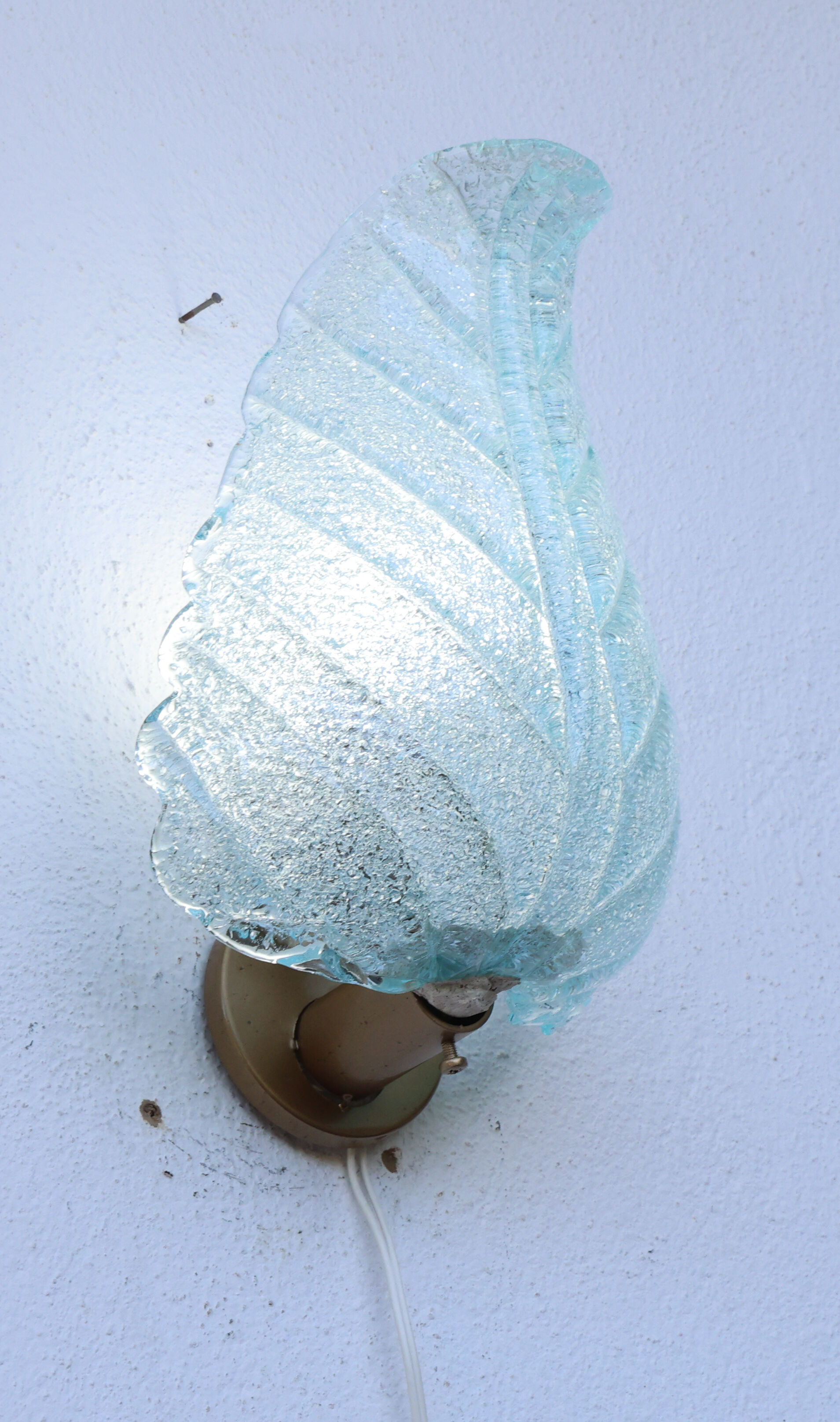Set of 2 Wall Light Blu colour Murano Glass Leave by Barovier e Toso, 1950s