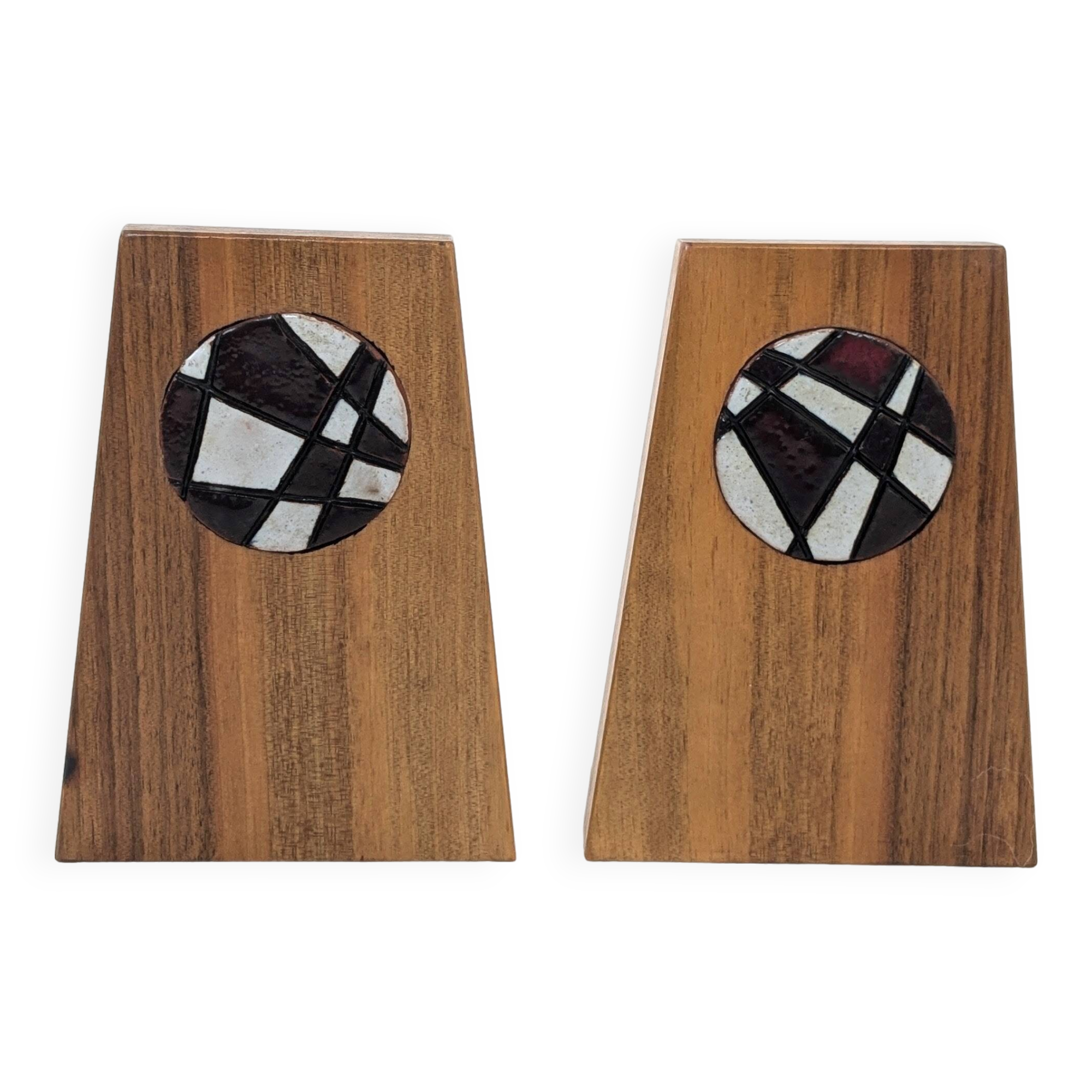 1960s Bookends | Set of 2 | Wood, Ceramic & Brass