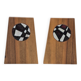 1960s Bookends | Set of 2 | Wood, Ceramic & Brass