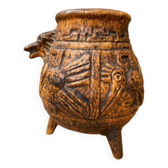 Ancien vase jasba keramik poterie de lave décor aztèque 1970 vintage