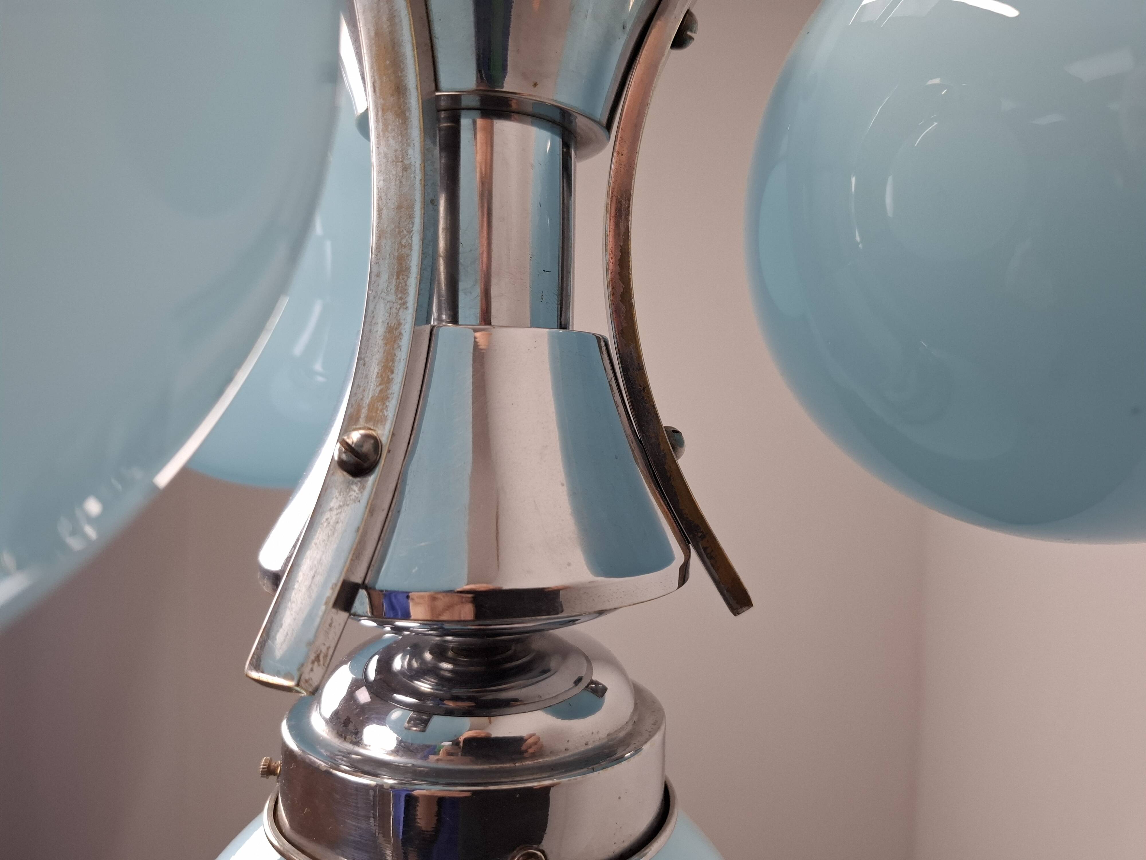 1930s Czech Art Deco Blue Opaline Glass and Chrome Four-Light Chandelier