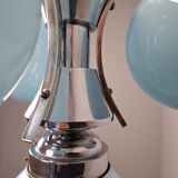 1930s Czech Art Deco Blue Opaline Glass and Chrome Four-Light Chandelier