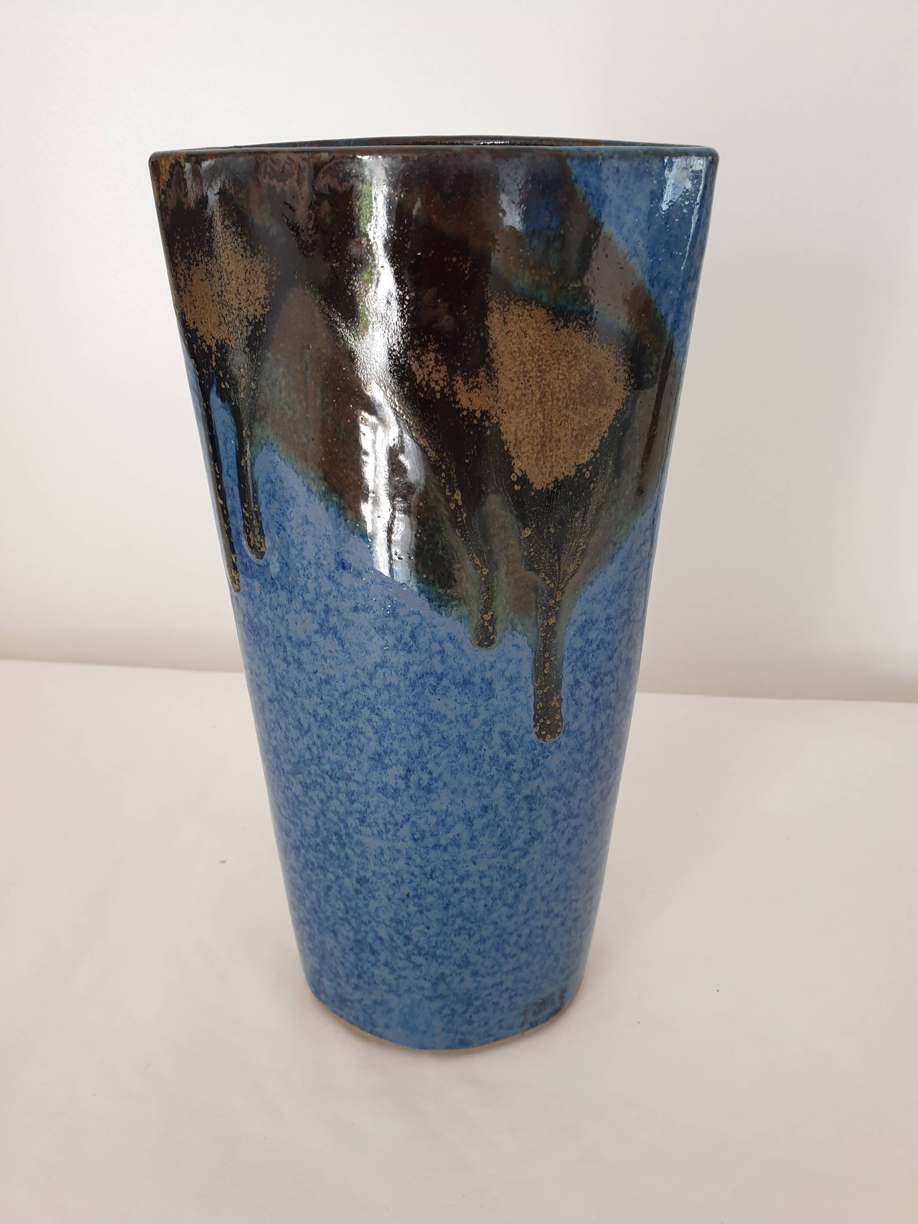 Ceramic vase with blue glaze 25cm Signed Jean Cacheleux Puisaye