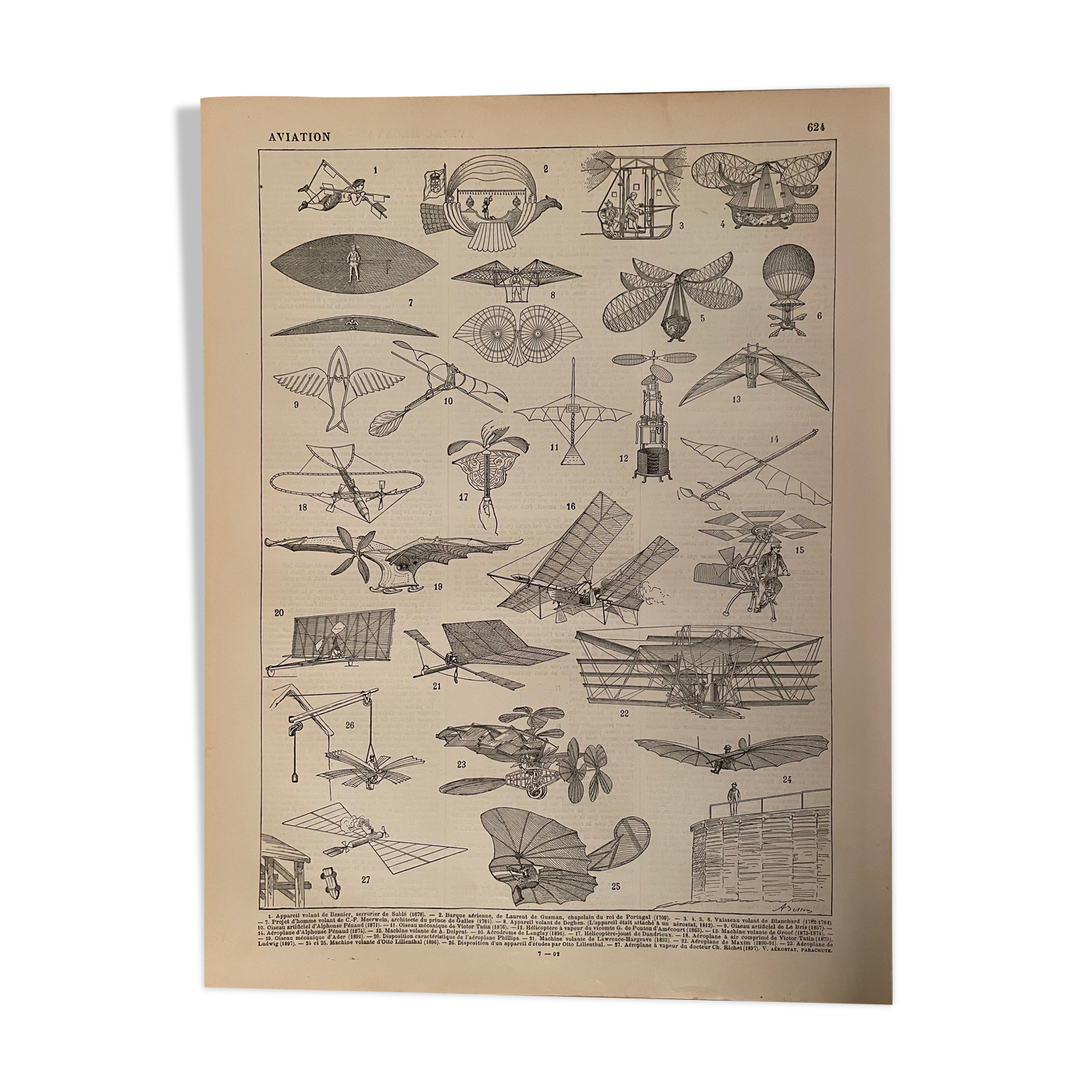 Lithographie gravure sur l'aviation de 1897