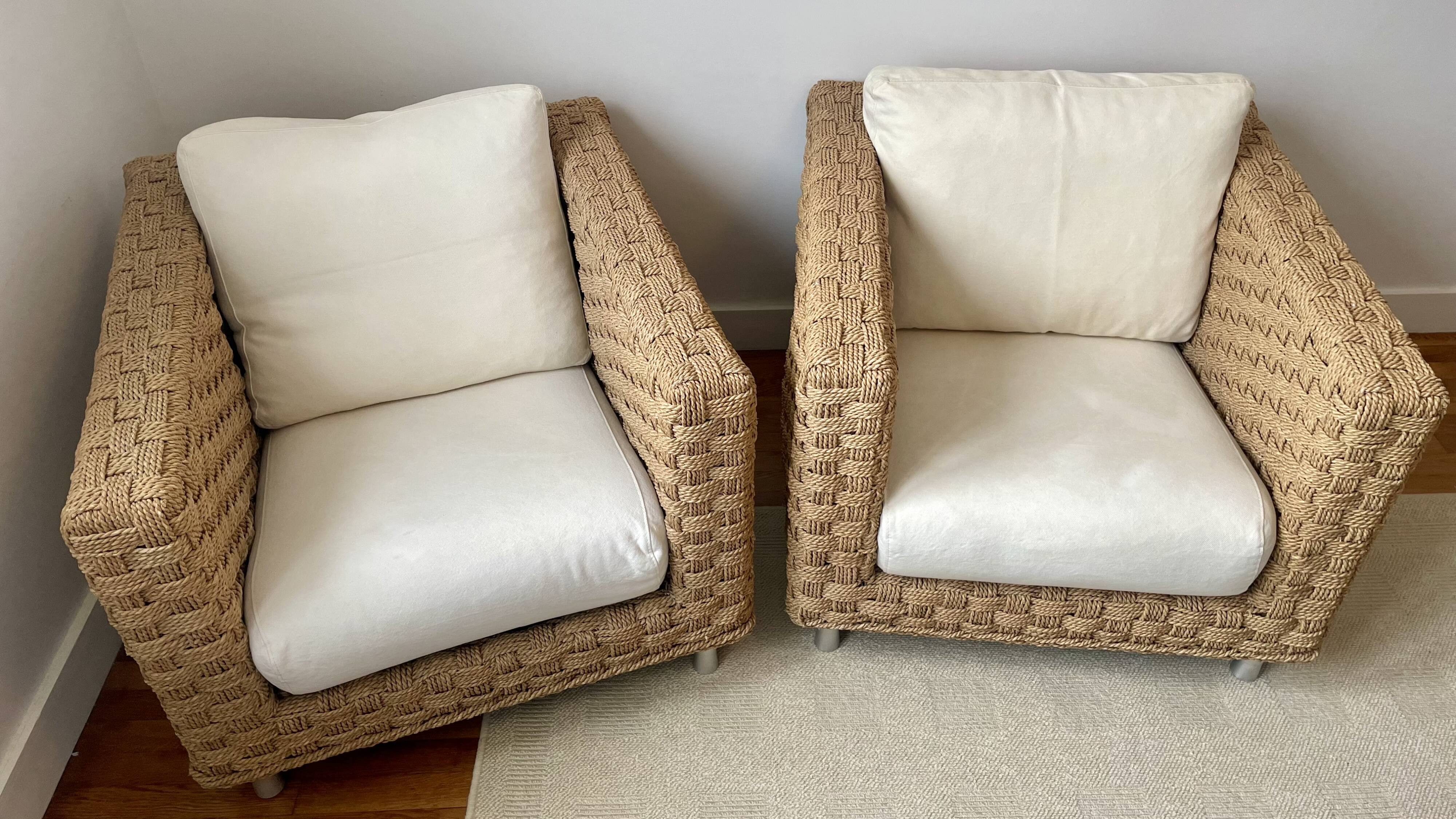 Pair of Ligne Roset Wicky armchairs by Didier Gomez in braided rope.