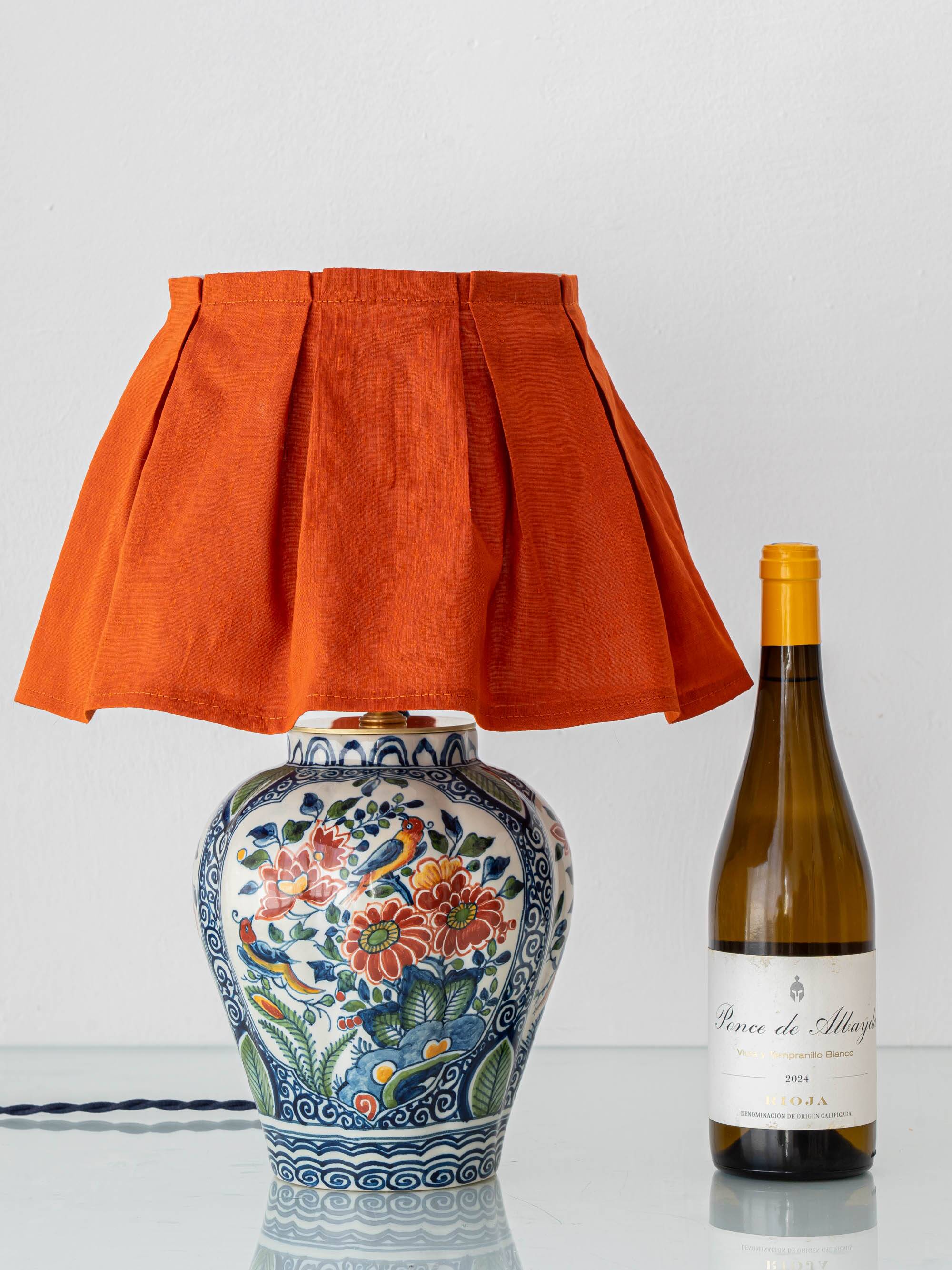 Delft Polychrome Chinoiserie Table Lamp, Tichelaar Makkum, New Silk Shade