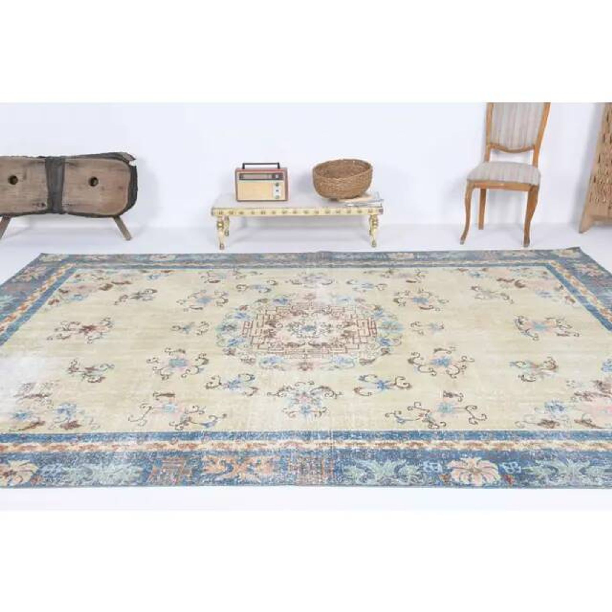 Vintage Turkish Hand-Knotted Wool Cotton Beige Area Rug 230x340