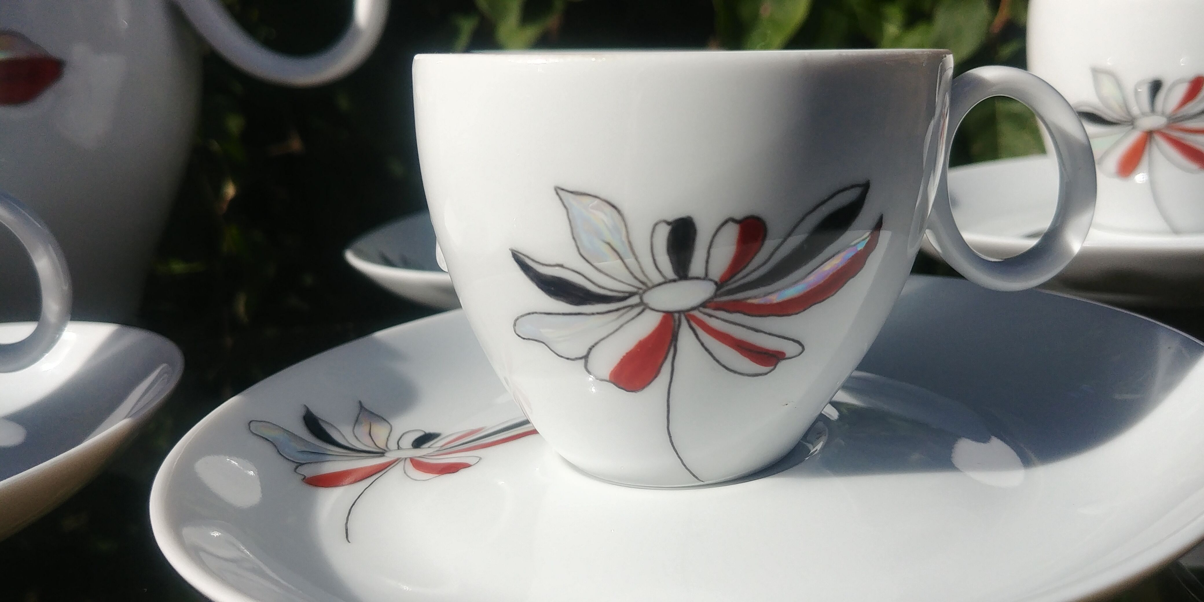 Coffee porcelain service -old signed Roussel J. decoration daisy