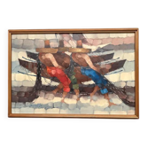 Huile su panneau suédois "Pêcheurs" par Marylilla, vintage et encadrée.