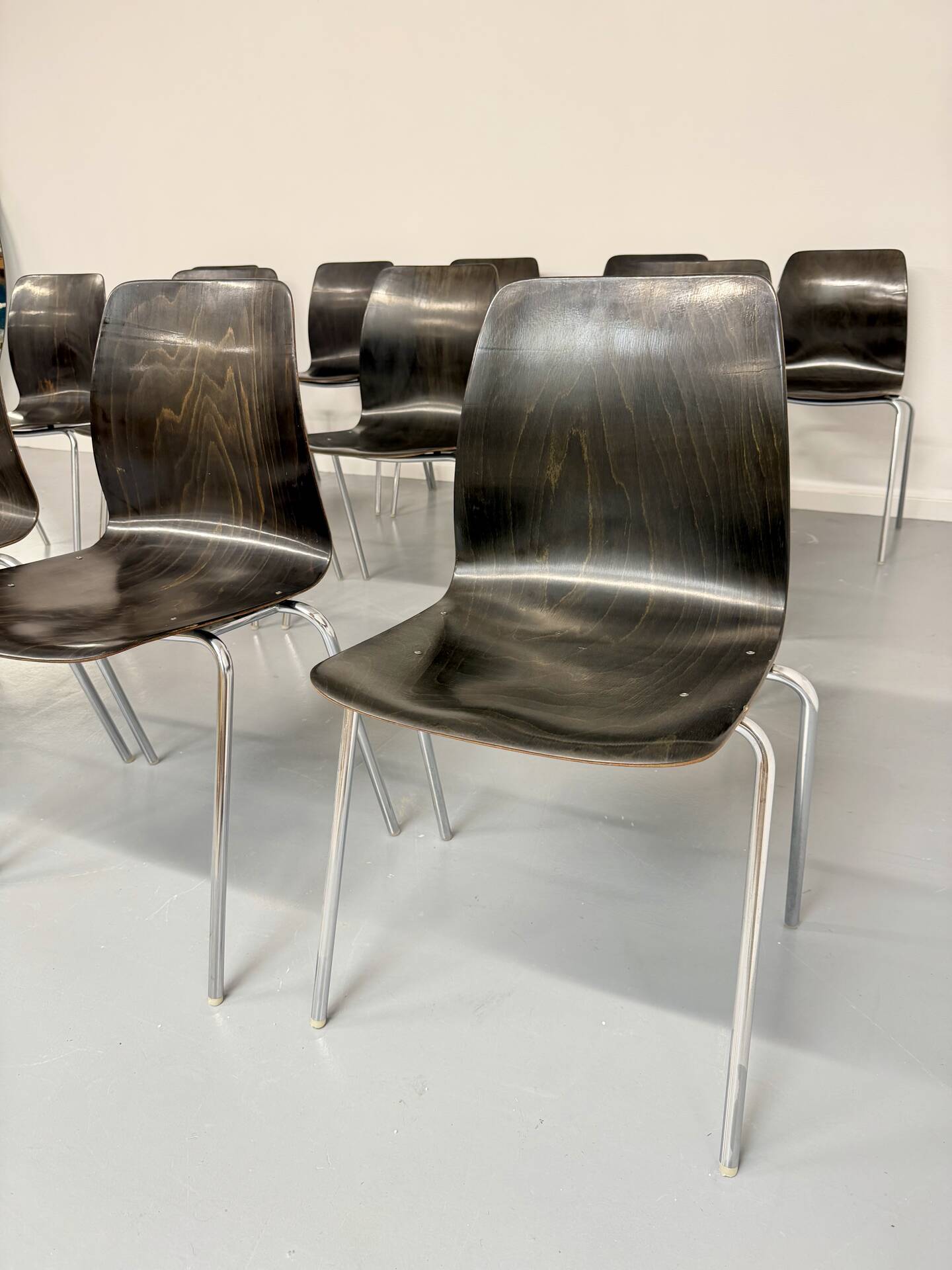 Set of 12 wooden and chrome chairs, Pagholz design from the 80s, vintage Pagwood.