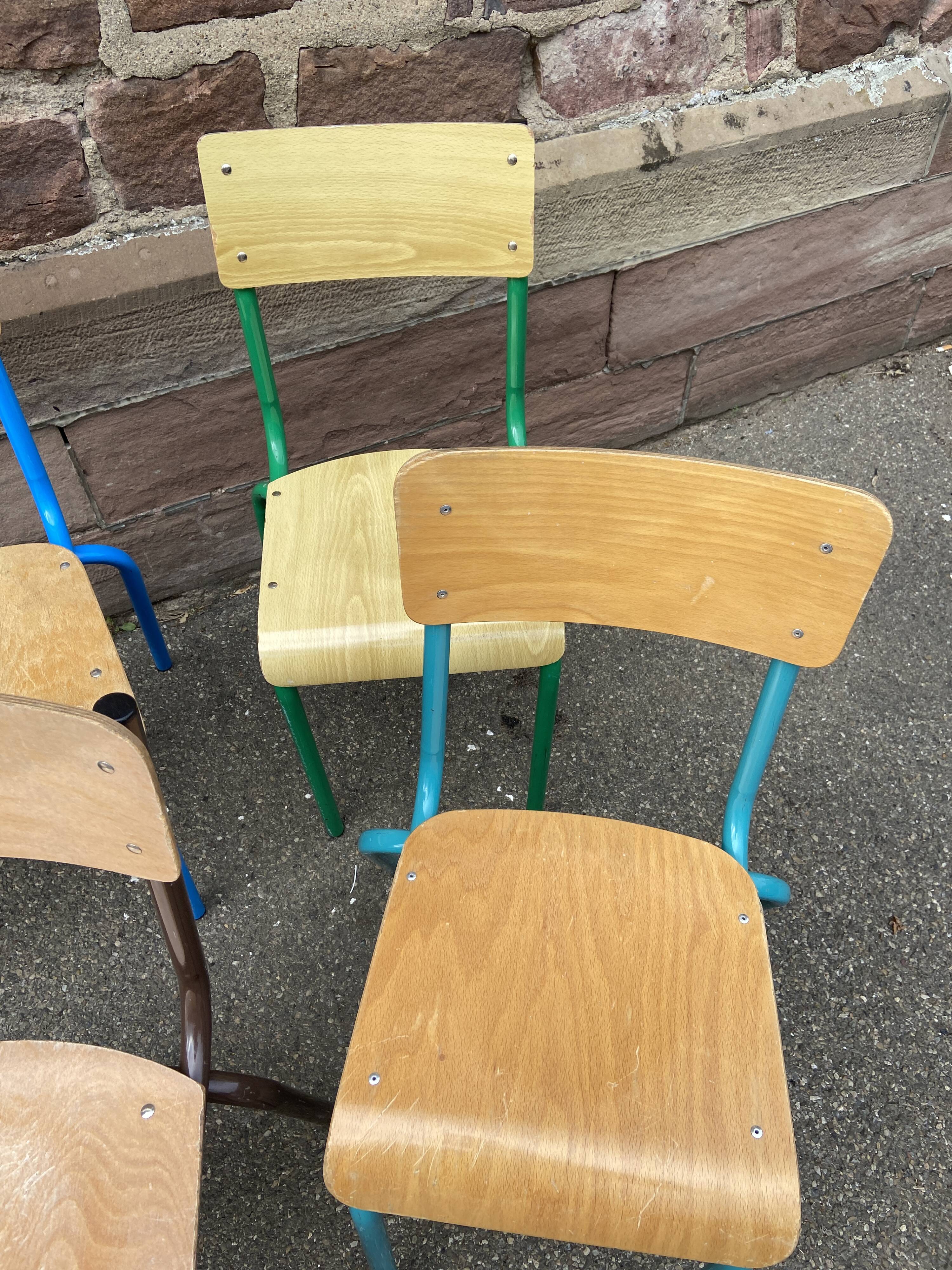 6 mismatched school chairs multicolor industrial vintage school community Mullca
