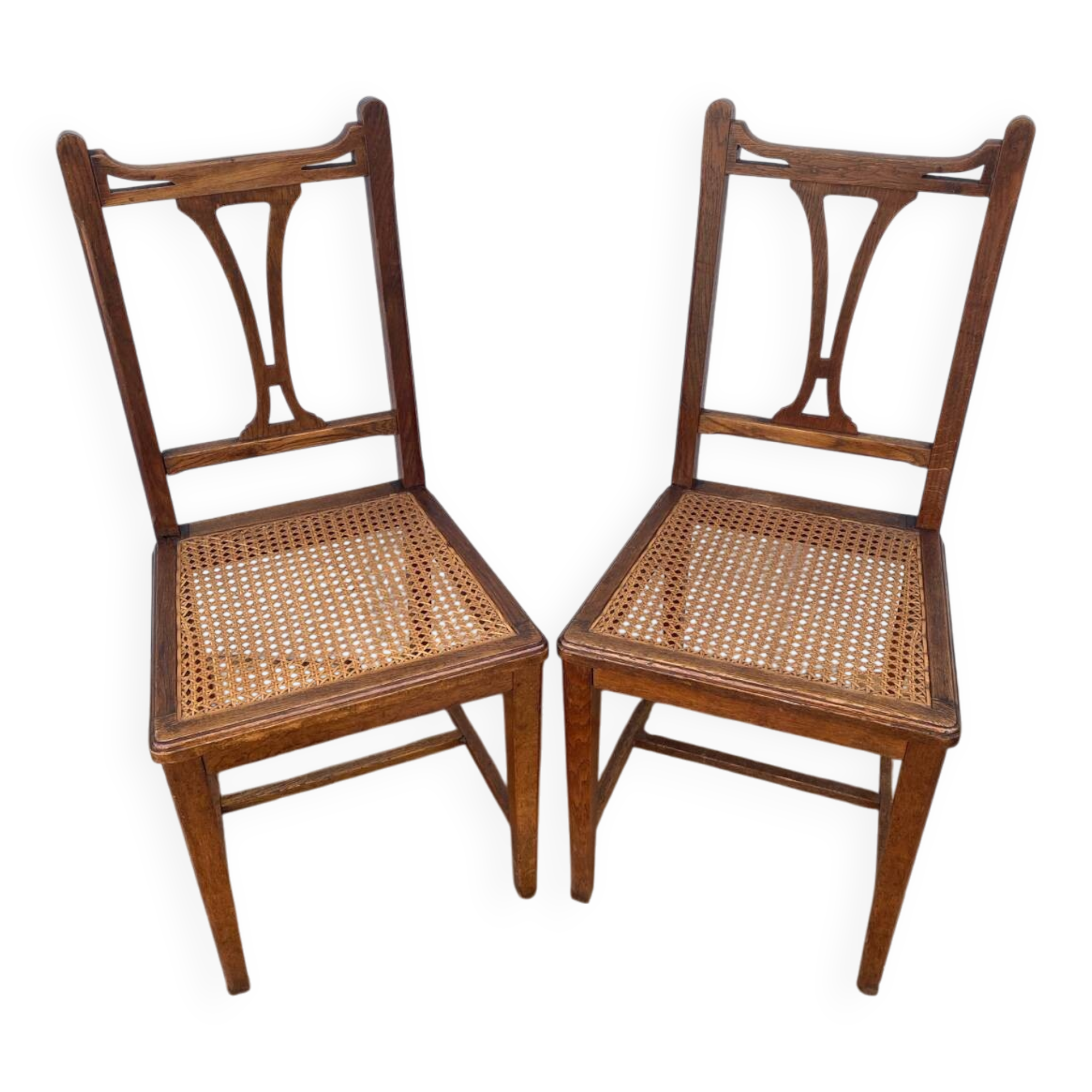 Paire de Chaise Ancienne Art Nouveau Bois Noyer + Assise Cannée Vintag