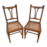 Paire de Chaise Ancienne Art Nouveau Bois Noyer + Assise Cannée Vintag