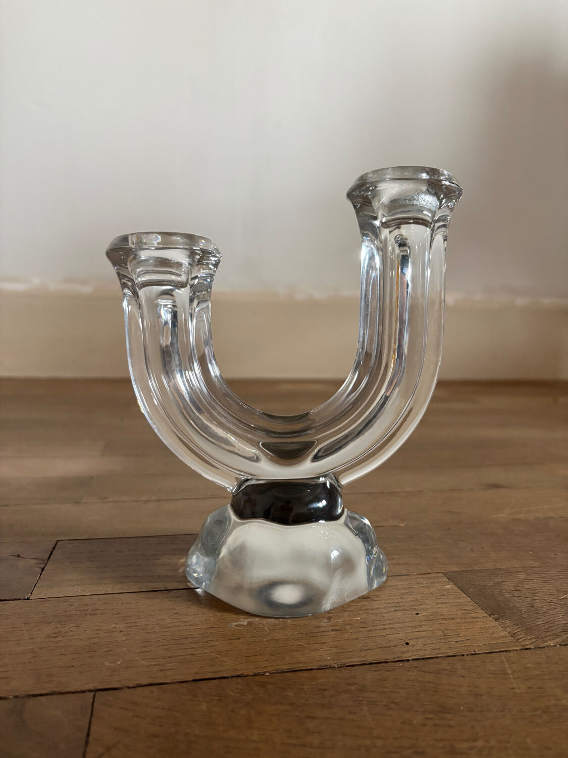 Vintage crystal glass candlestick with two branches.