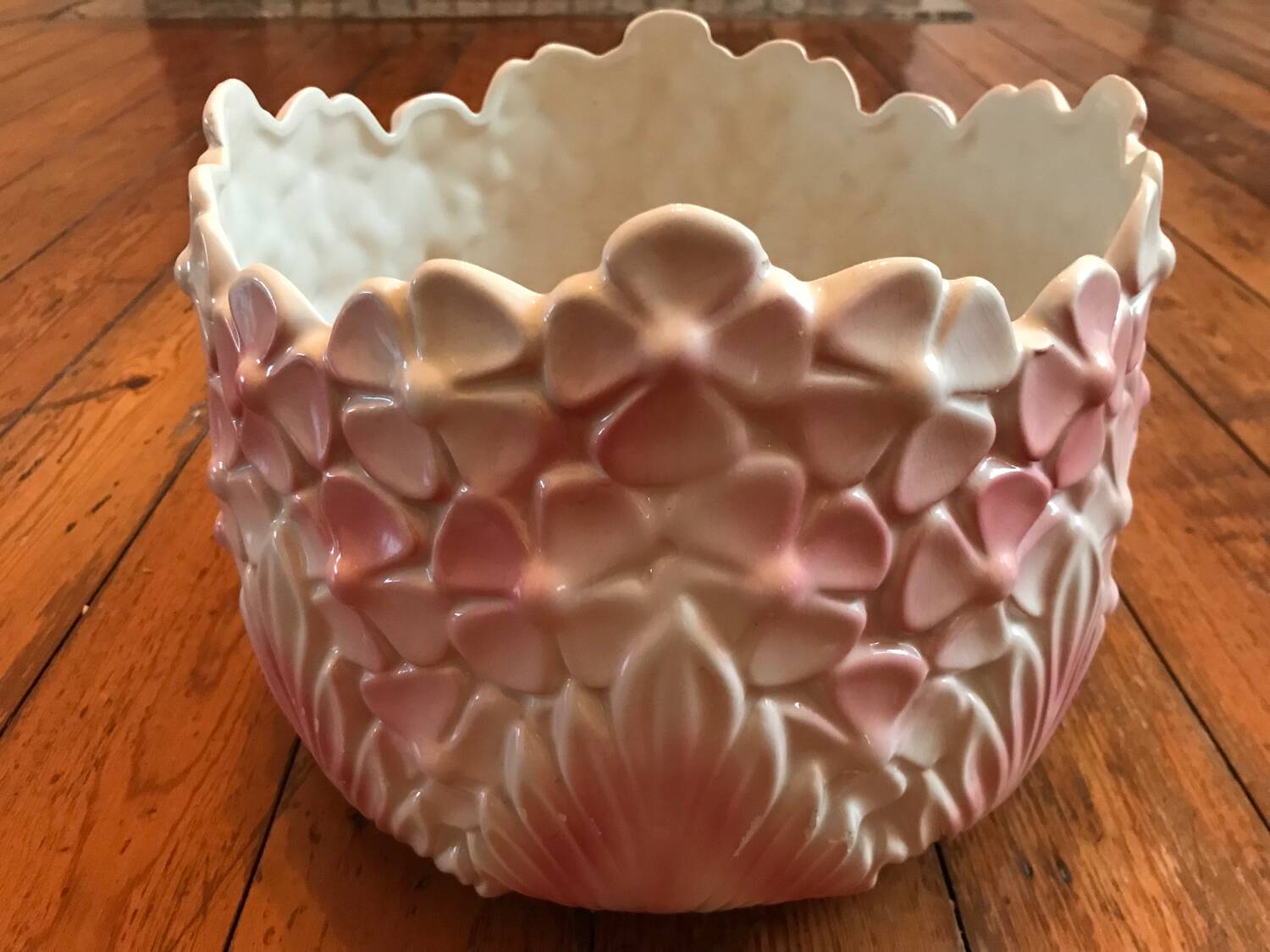 Old vintage pink and white hydrangea-shaped CLF cache pot