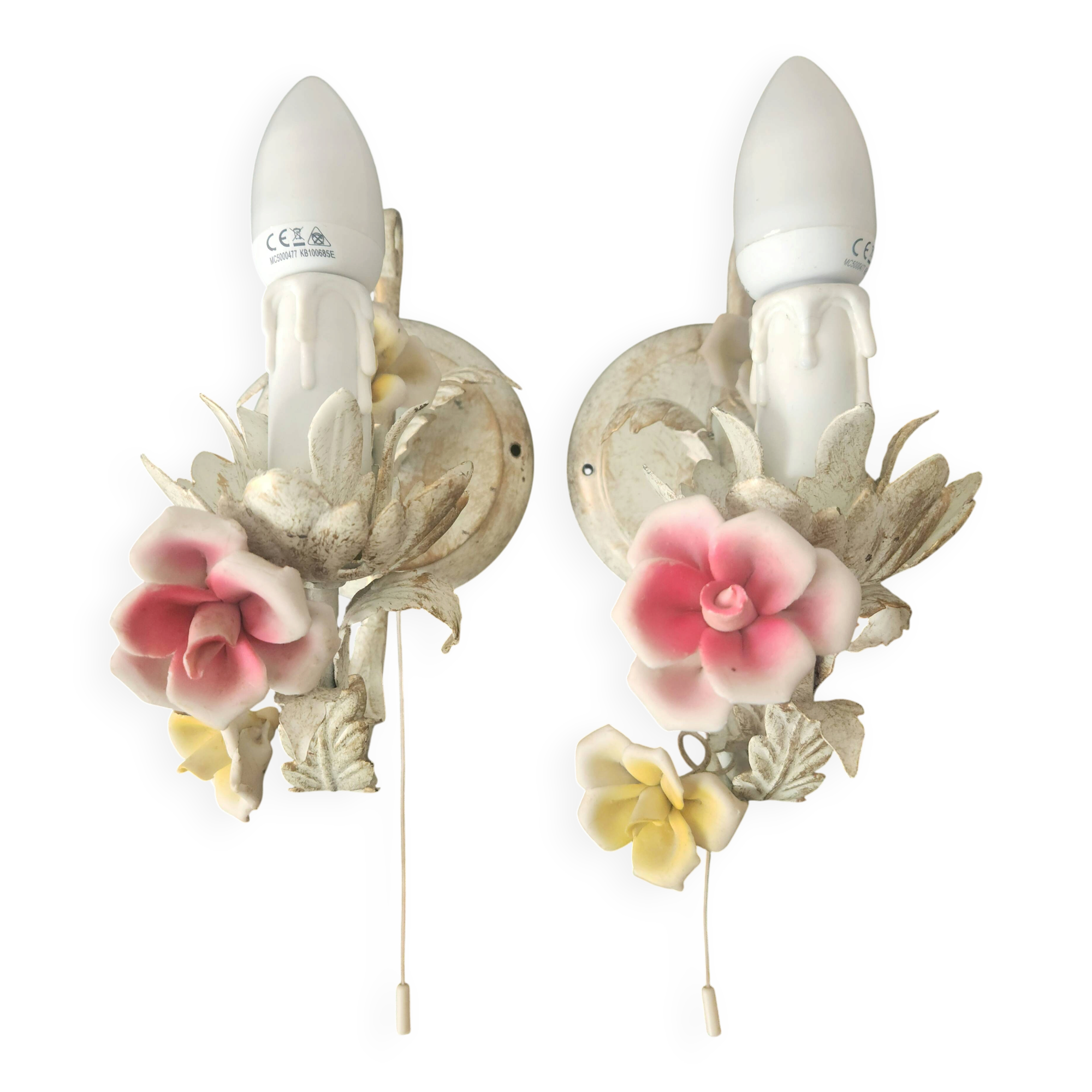 Set von 2 Shabby Chic Wandlampen Tole Schmiedeeisen Porzellan Rosen Blumen