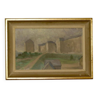 Swedish Original Oil On Canvas Painting "MUTED HOUSES" --Vintage & Framed