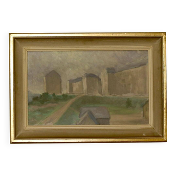 Peinture à l'huile sur toile originale suédoise « Maisons muettes » – vintage et encadrée