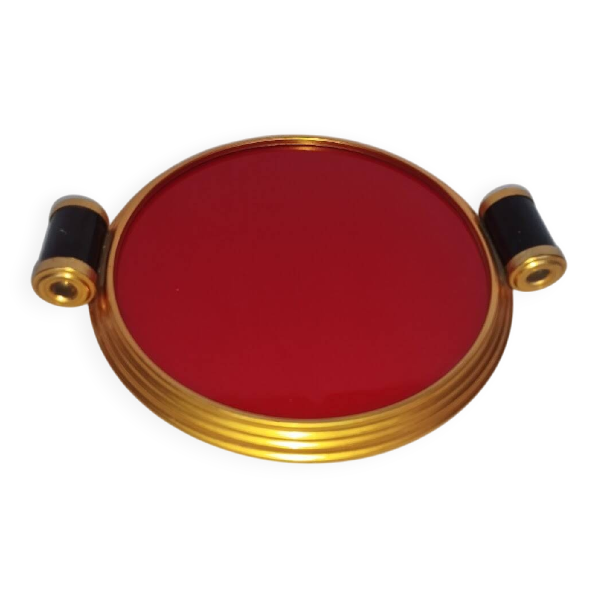 Art Deco plateau in red glass and brass – Bakelite handles, circa 1930