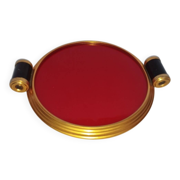 Plateau Art déco en verre rouge et laiton – poignées bakélite, vers 1930