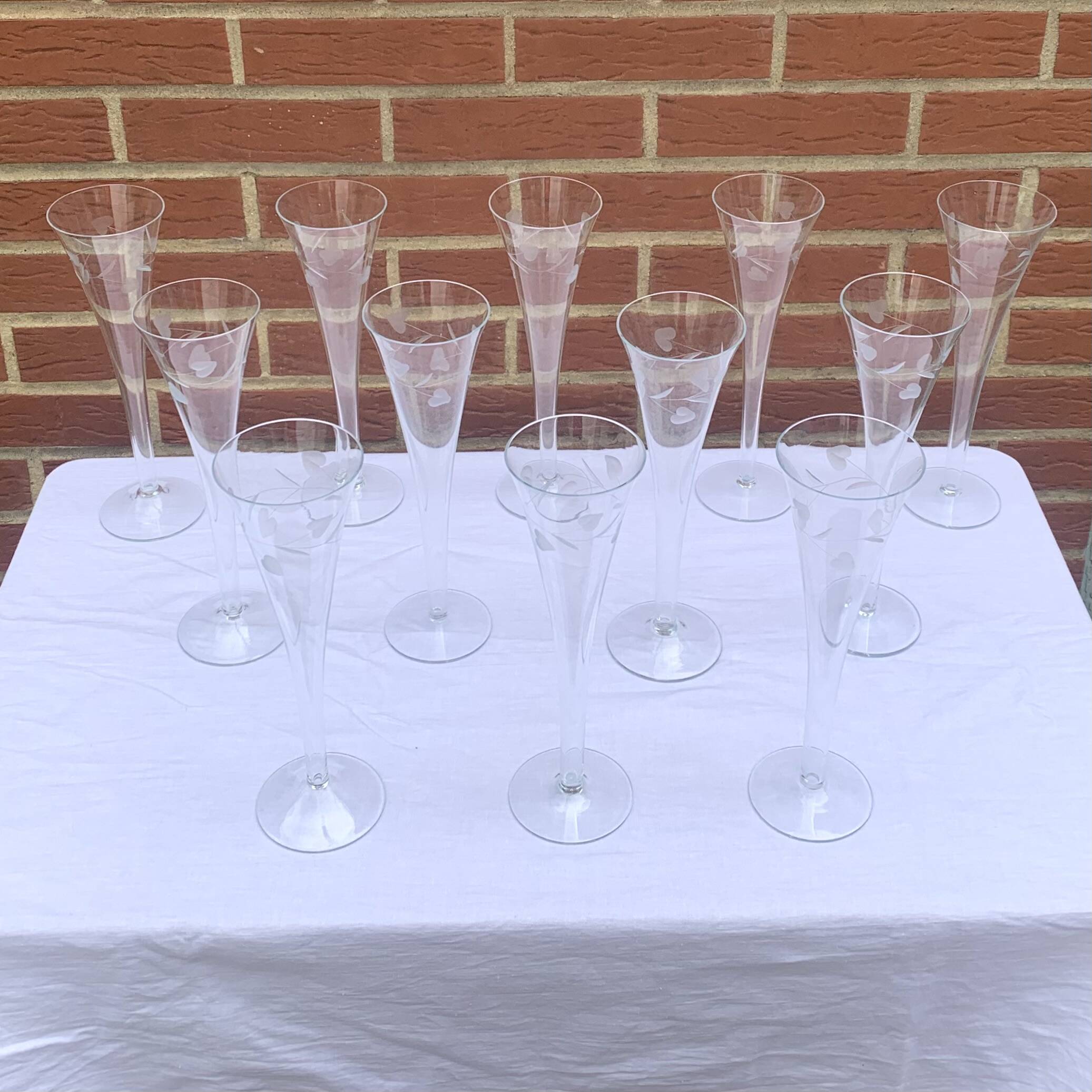 Set of 12 large vintage champagne flutes - frosted glass plant decor