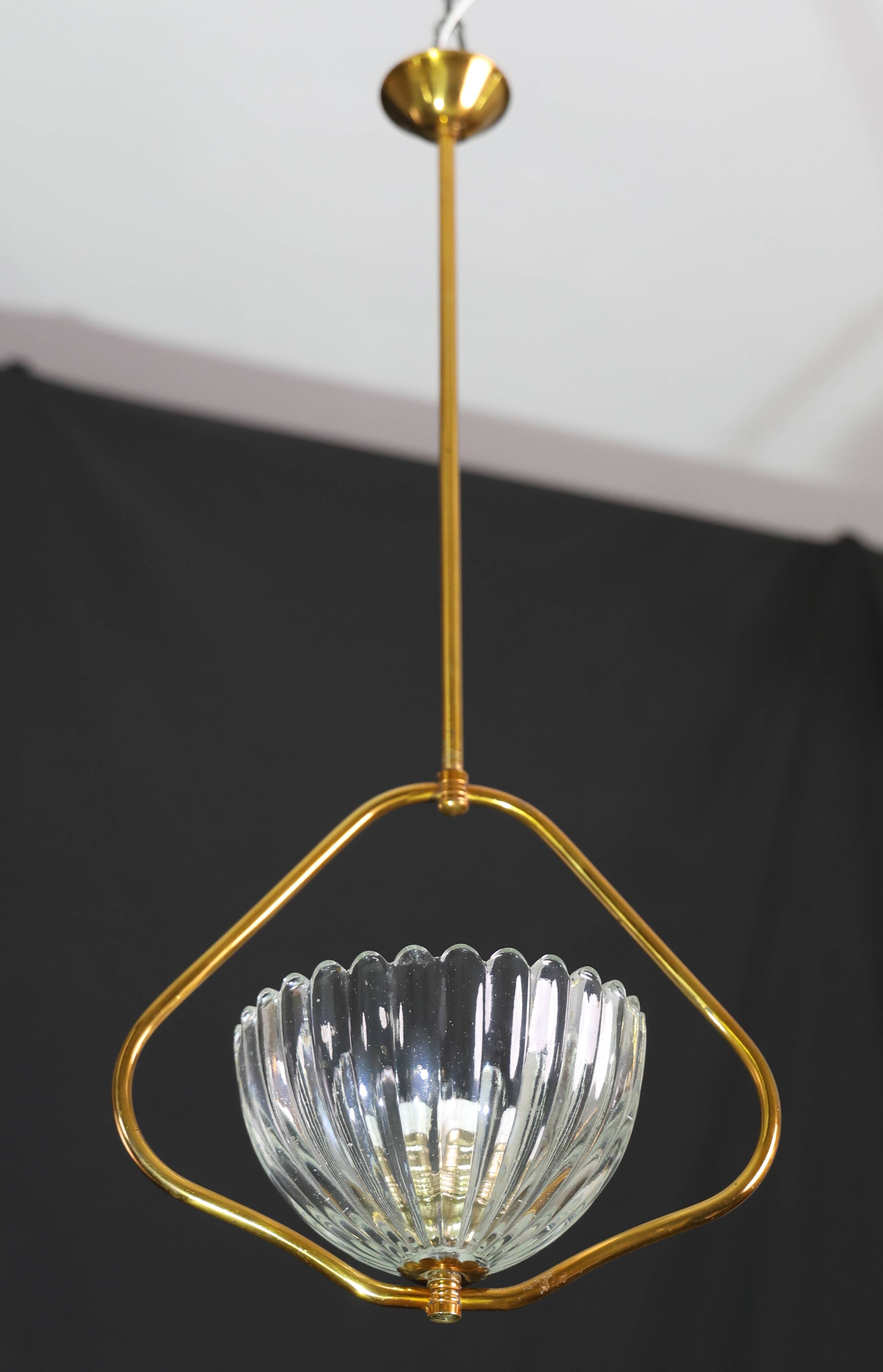 Art Decò Barovier e Toso Murano Glass and Brass Pendant Light, 1950