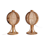 Pair of cane and bamboo lamps