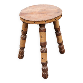 Tabouret sellette vintage en bois et corde des années 60 brutaliste