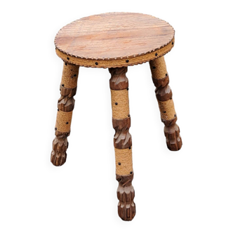 Vintage saddle stool in wood and rope from the brutalist 60s