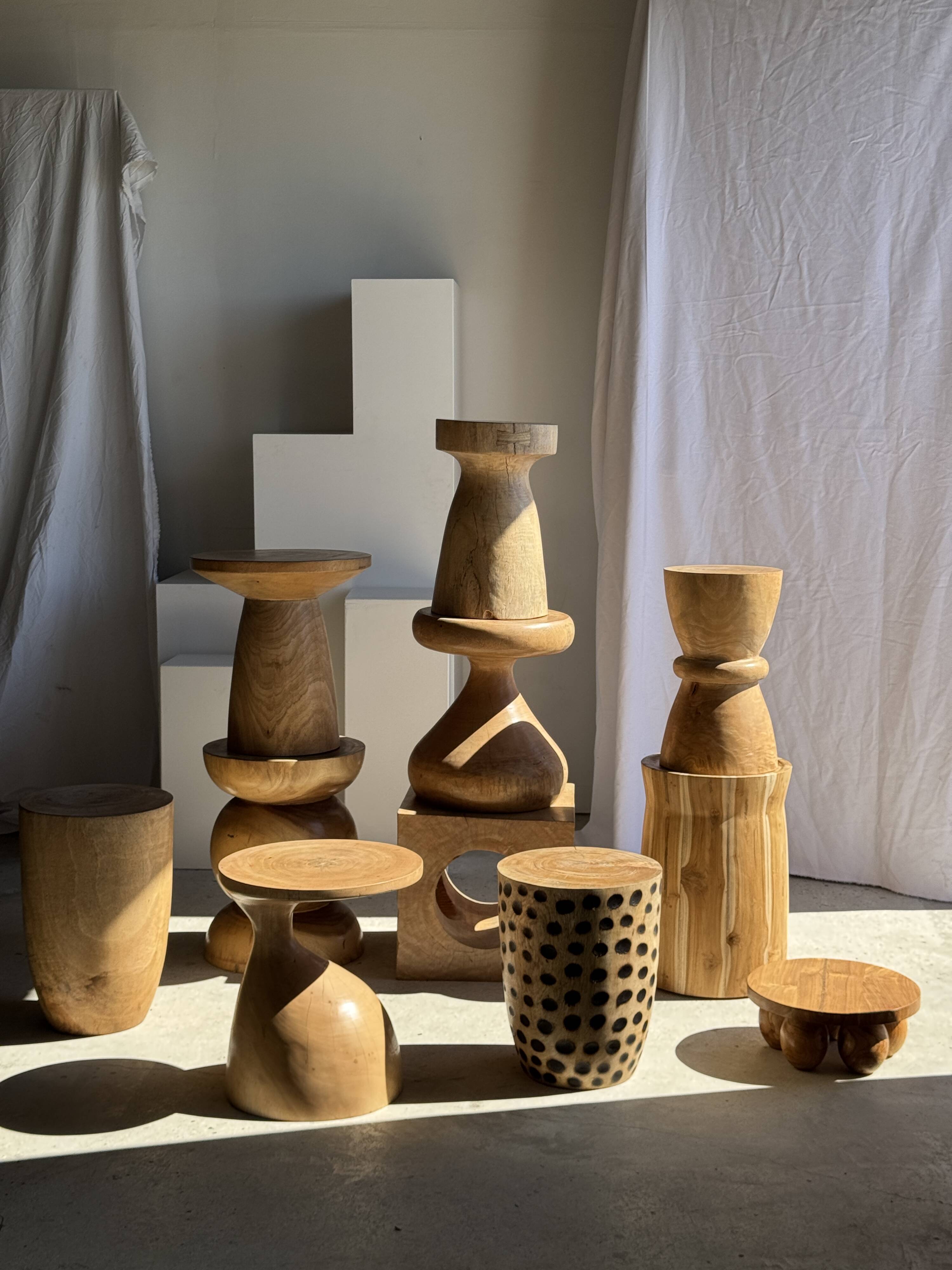 Stool, side table, cylindrical solid mango wood end table.