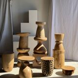 Stool, side table, cylindrical solid mango wood end table.