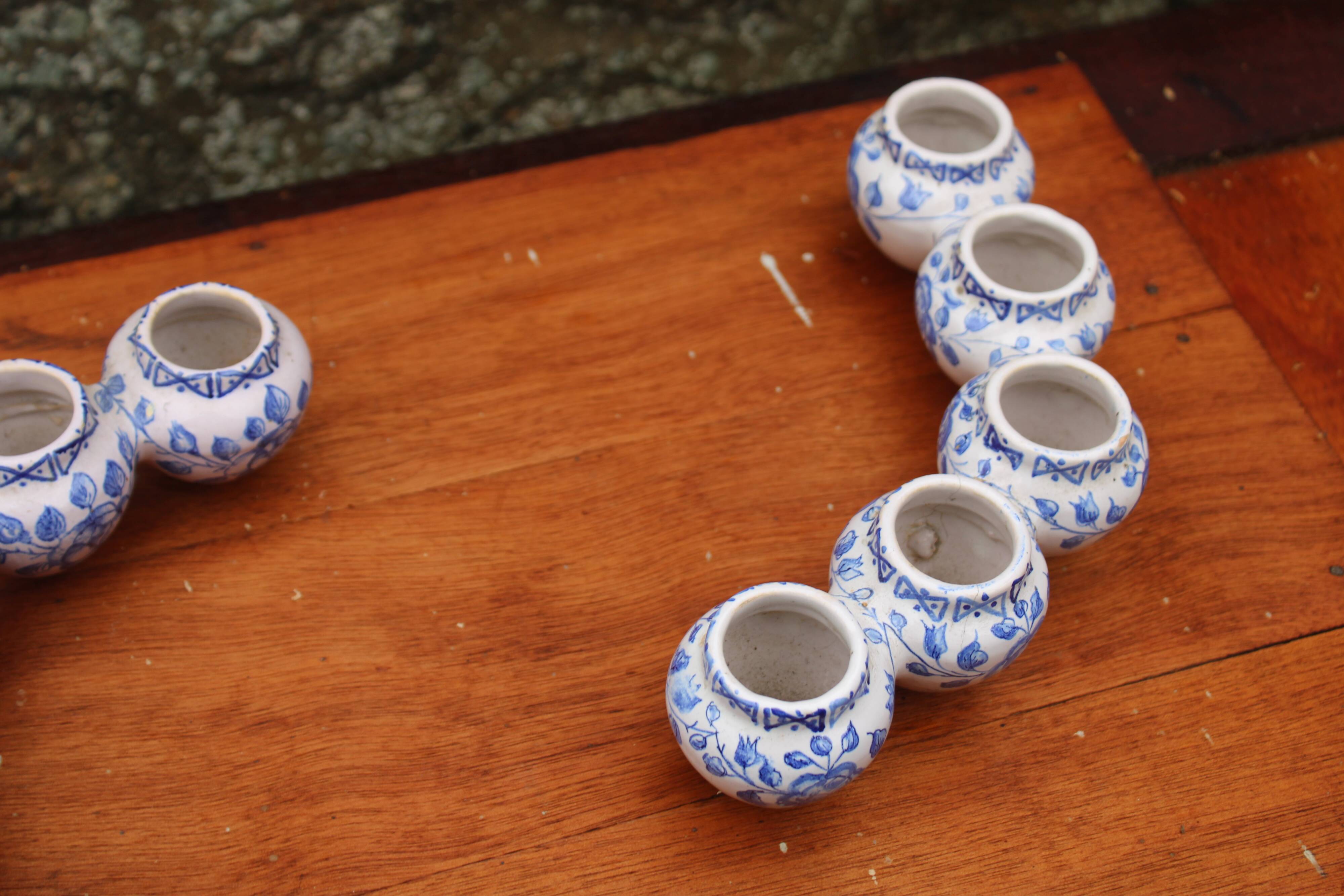 Pair of antique blue ceramic candlesticks • Apothecary size 5x2 (10 burners)