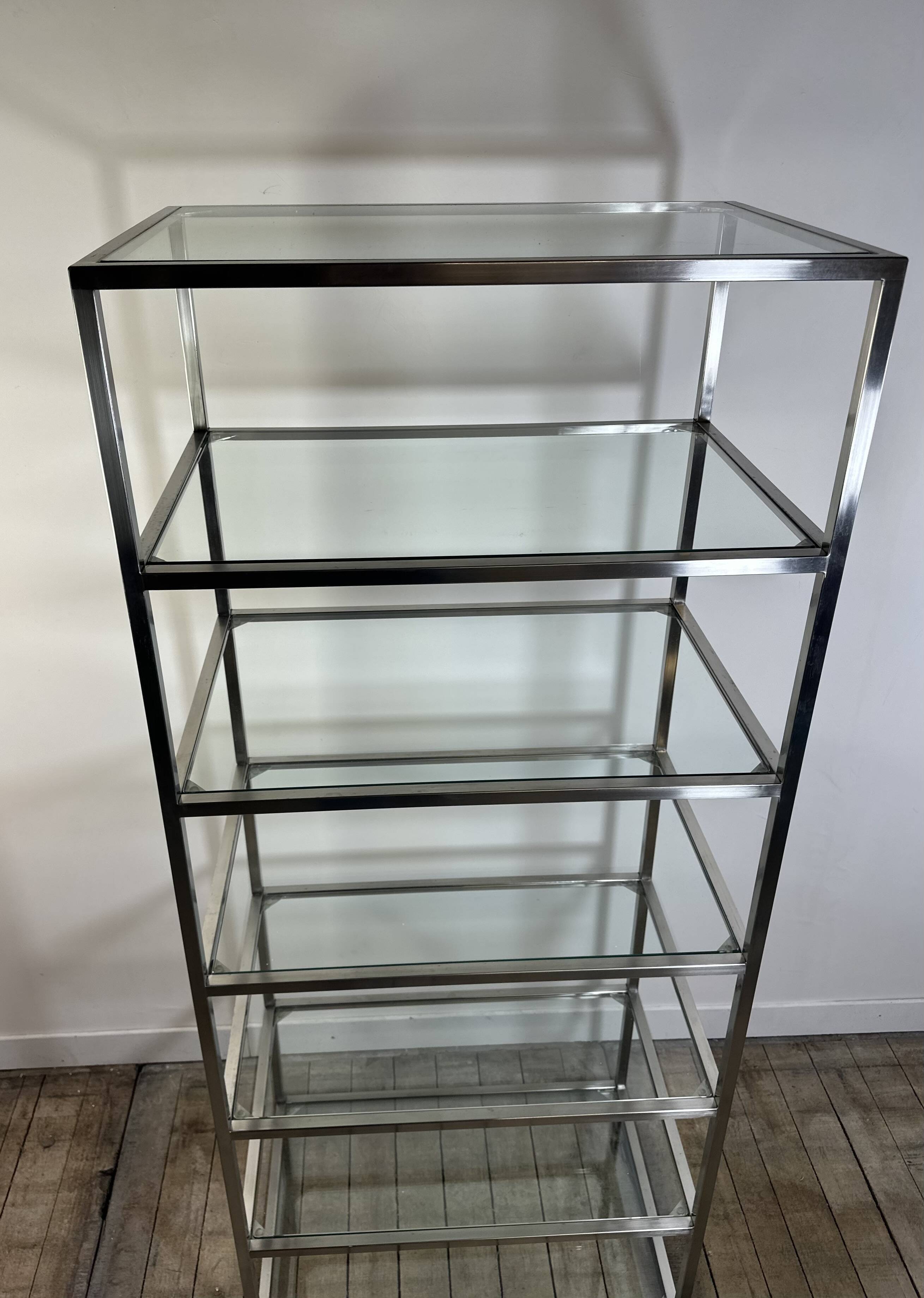 1980s stainless steel and glass bookcase shelf