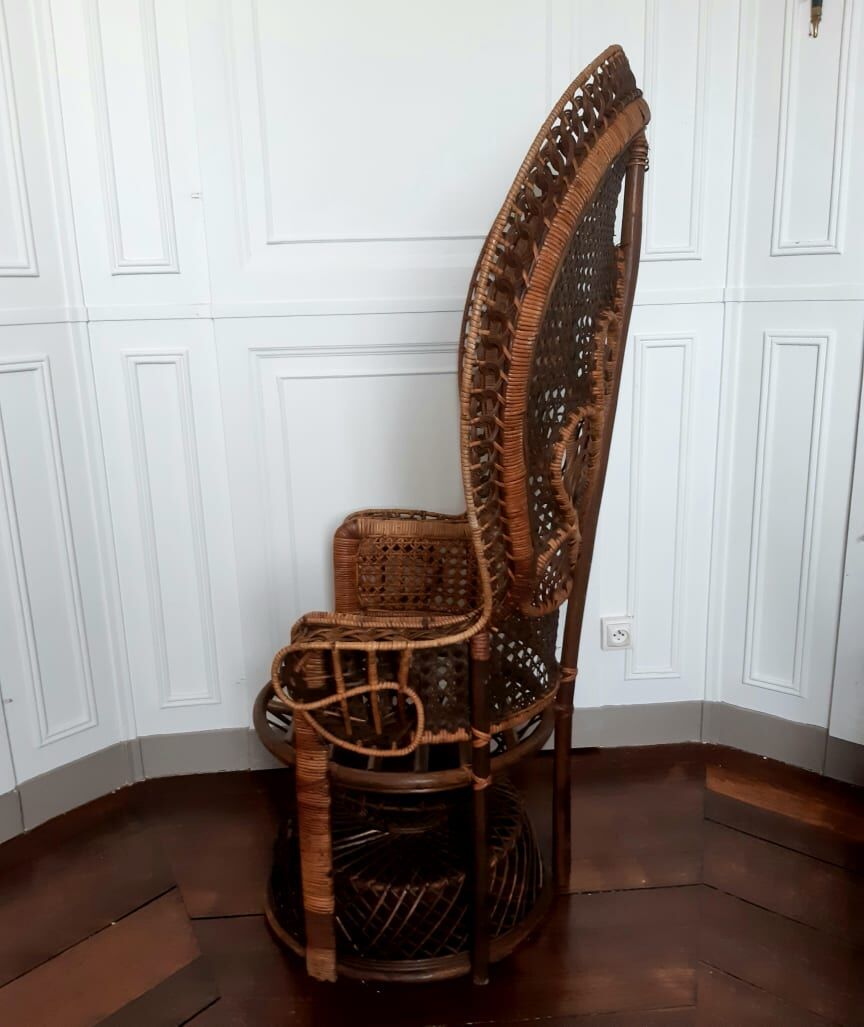 Peacock rattan armchair, circa 1960