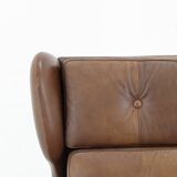 1970 Svend Skipper High Back Armchair and Stool in Brown Leather, Denmark