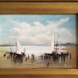 Marine painting with oil on wood signed and large gilded frame