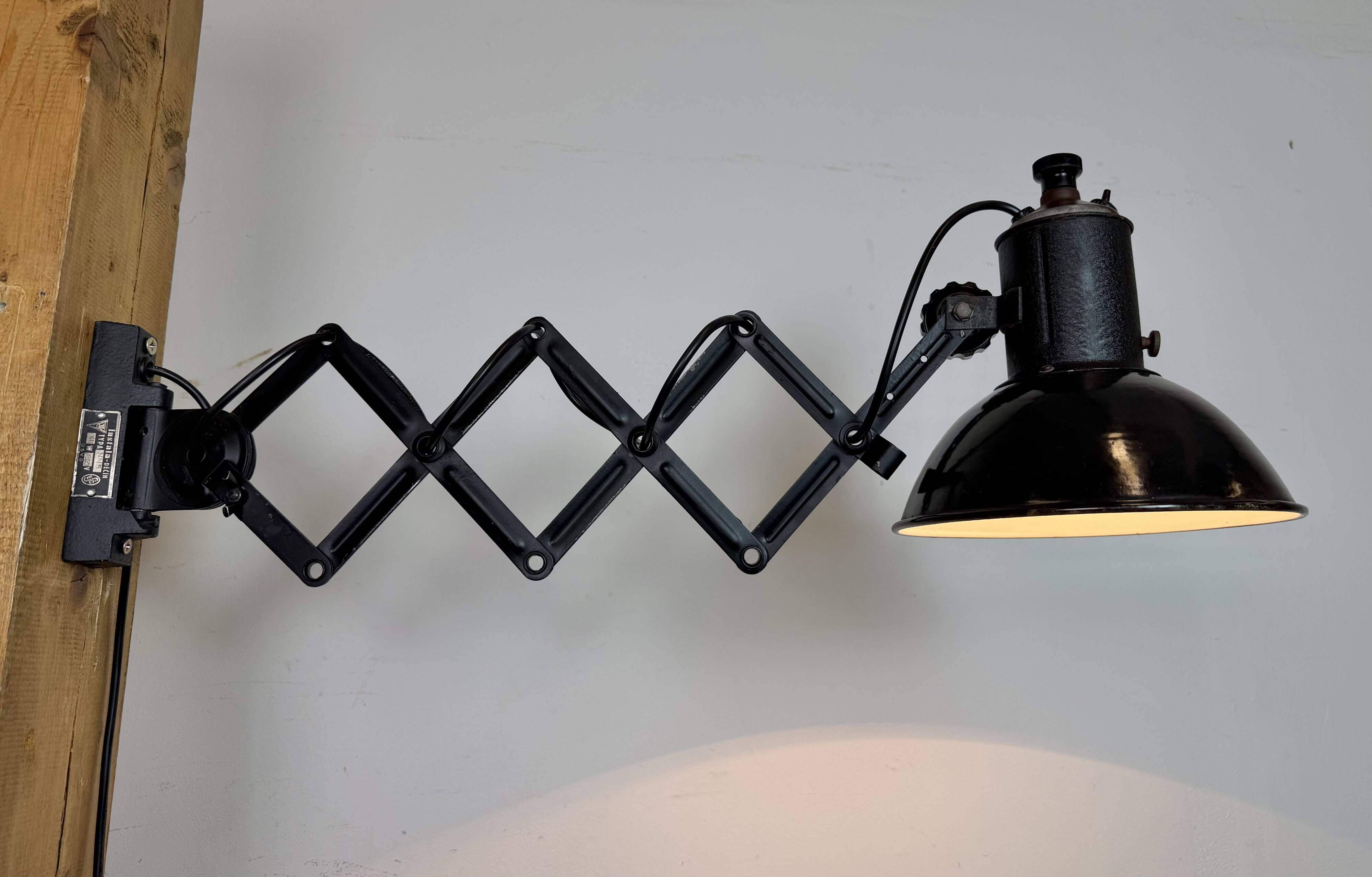 Industrial Black Enamel Scissor Wall Lamp, 1950s