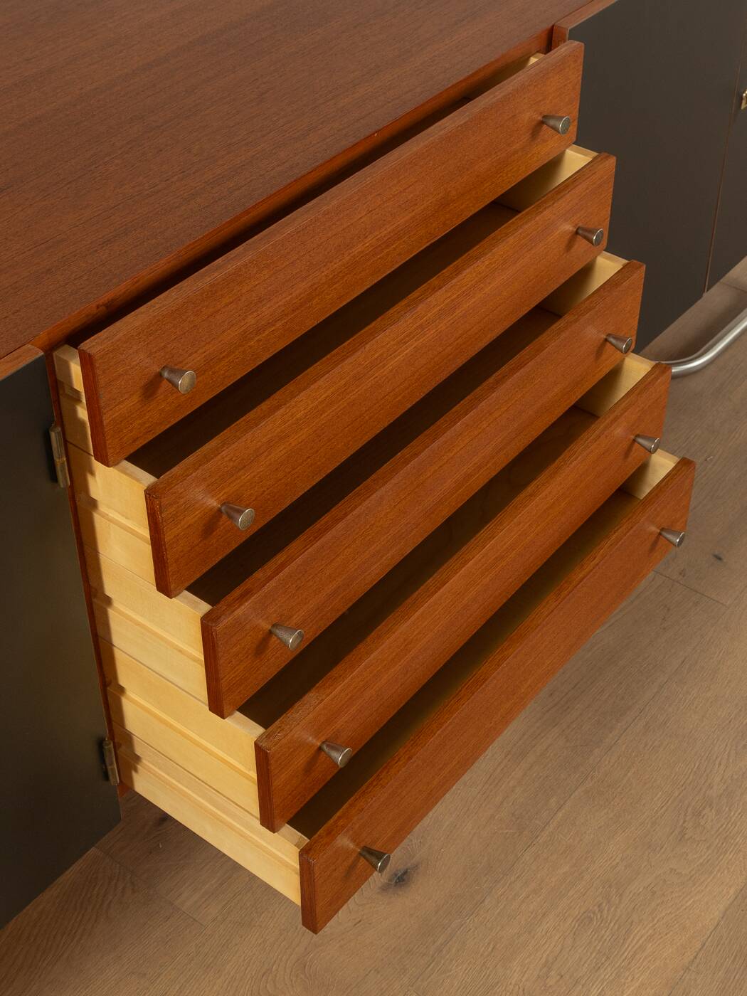 Classic sideboard from the 1960s, teak veneer, black doors, Bauhaus stainless steel feet