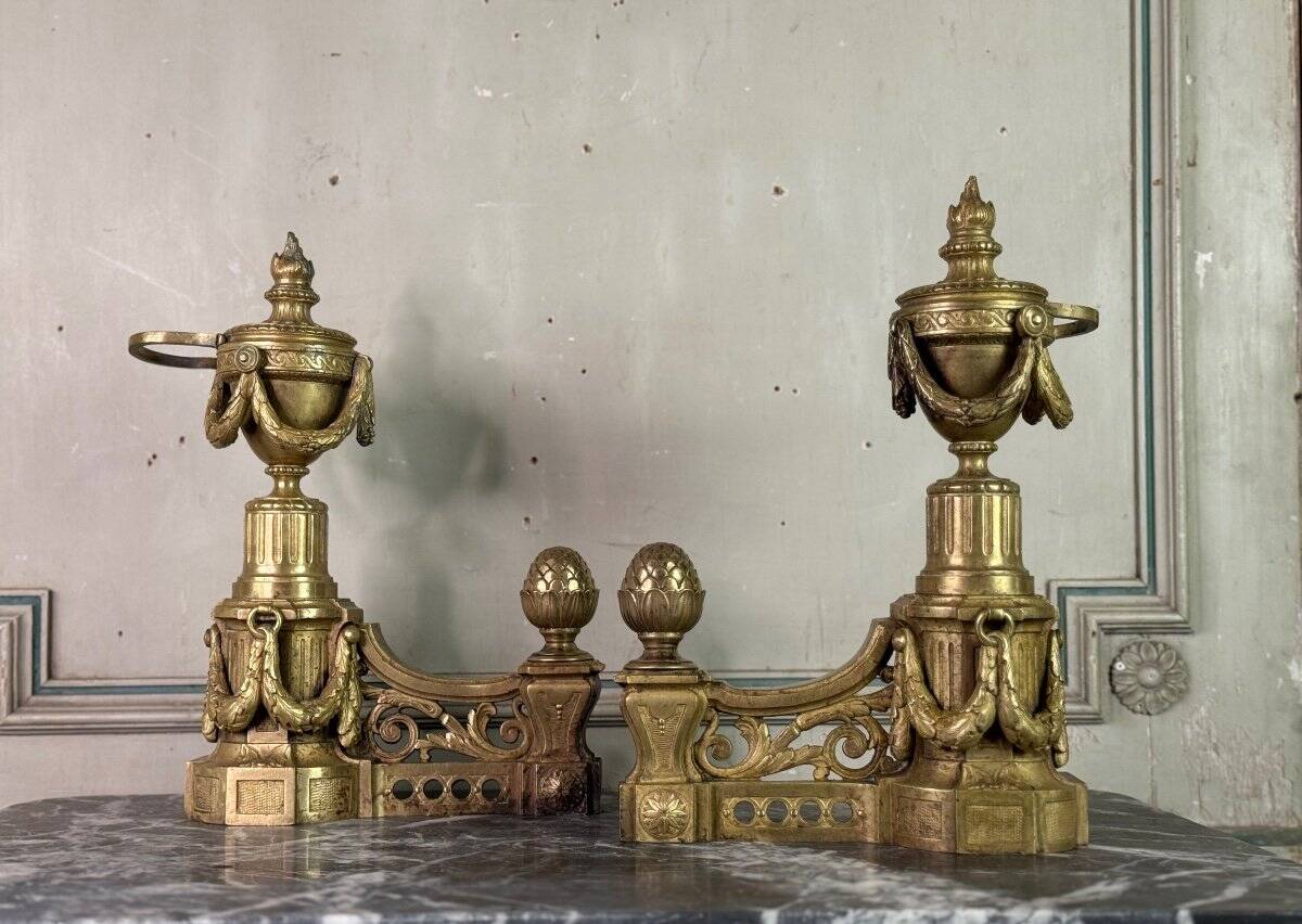 Pair of Louis XVI Style Gilt Bronze Andirons, 19th Century