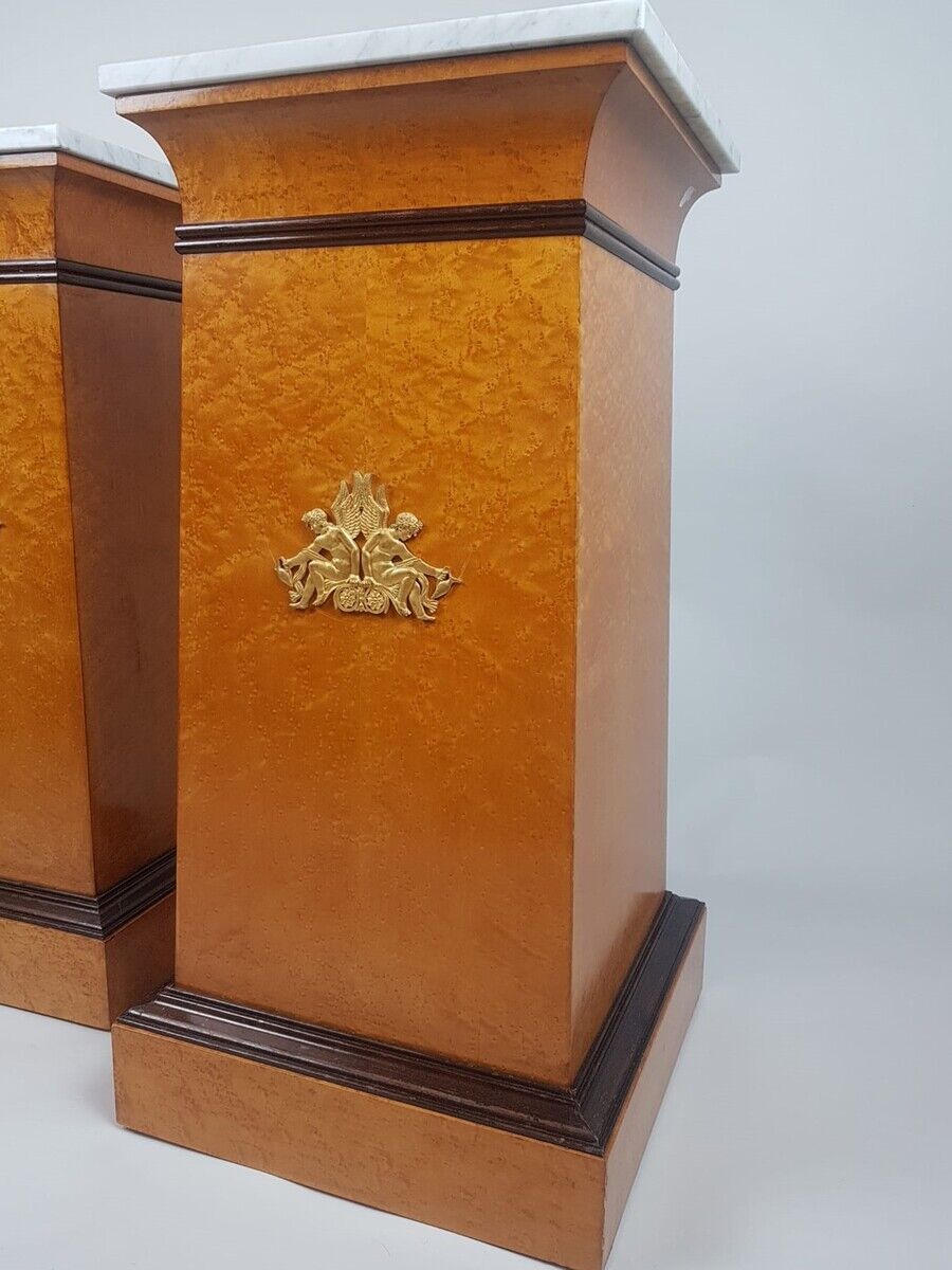 Pair of empire style columns - cedar burl plating - brass and marble