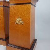 Pair of empire style columns - cedar burl plating - brass and marble
