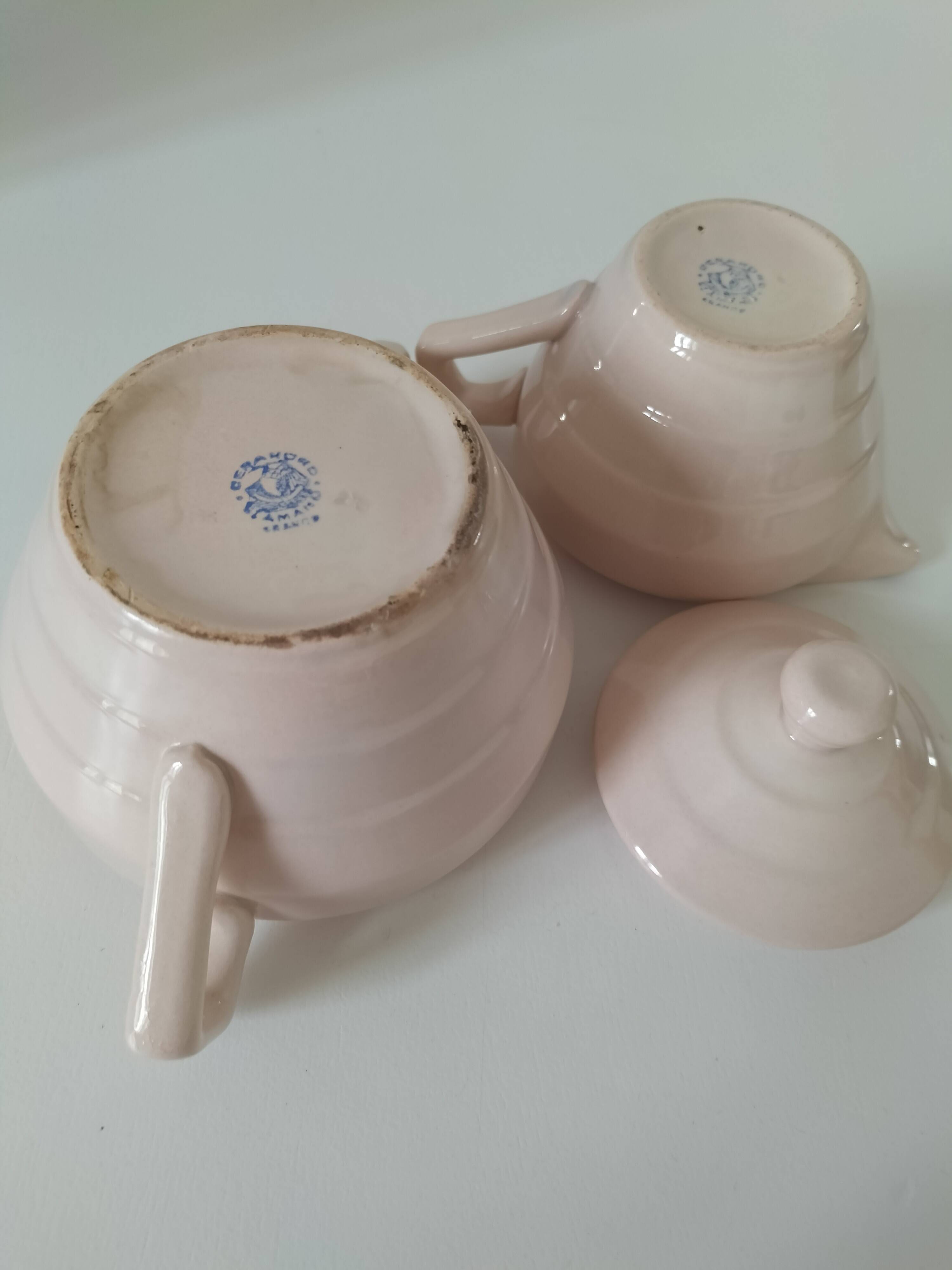 Art Deco sugar bowl and milk jug Céranord Saint-Amand pale pink