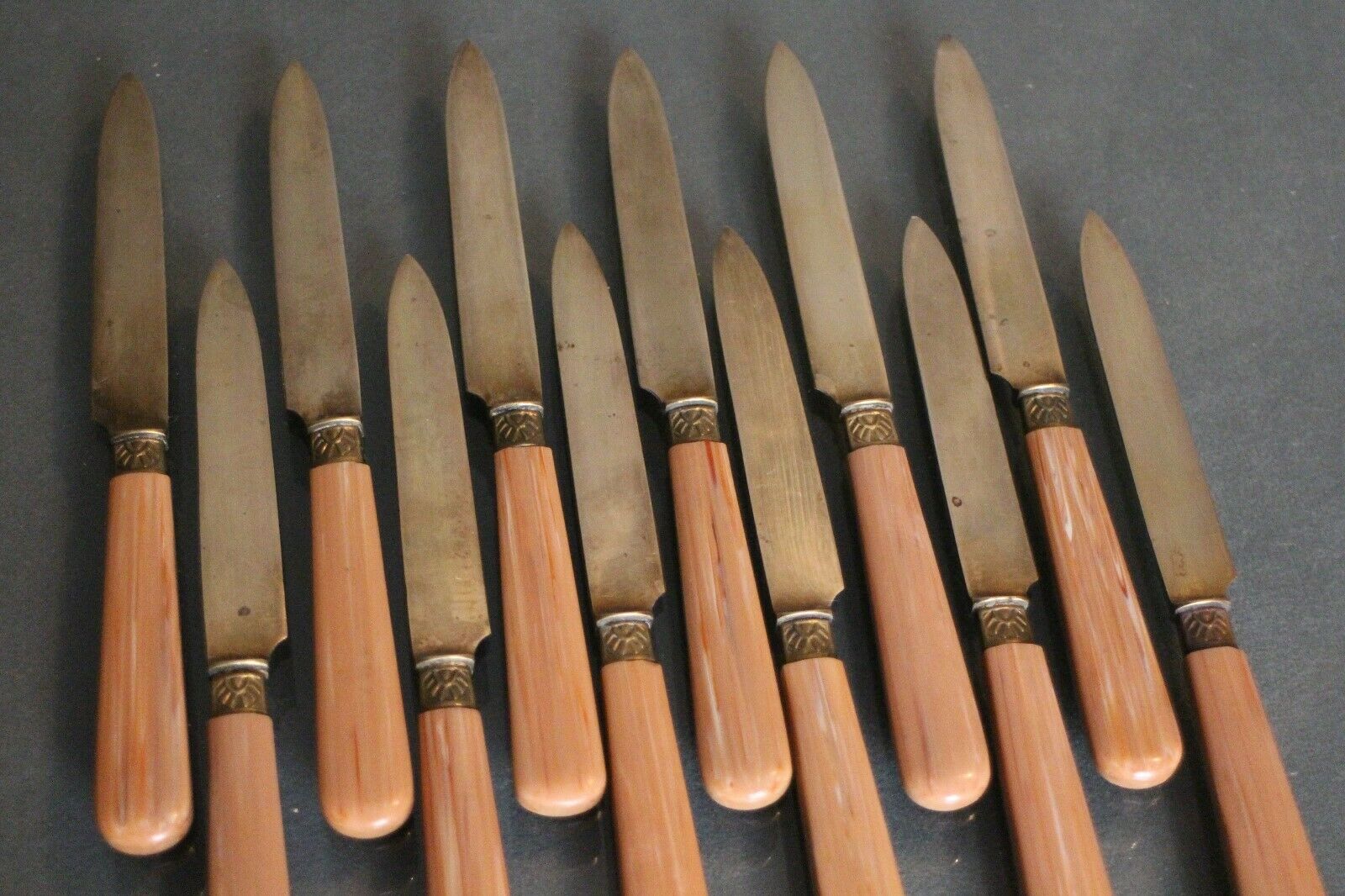 Suite of 12 dessert knives in gold metal blades