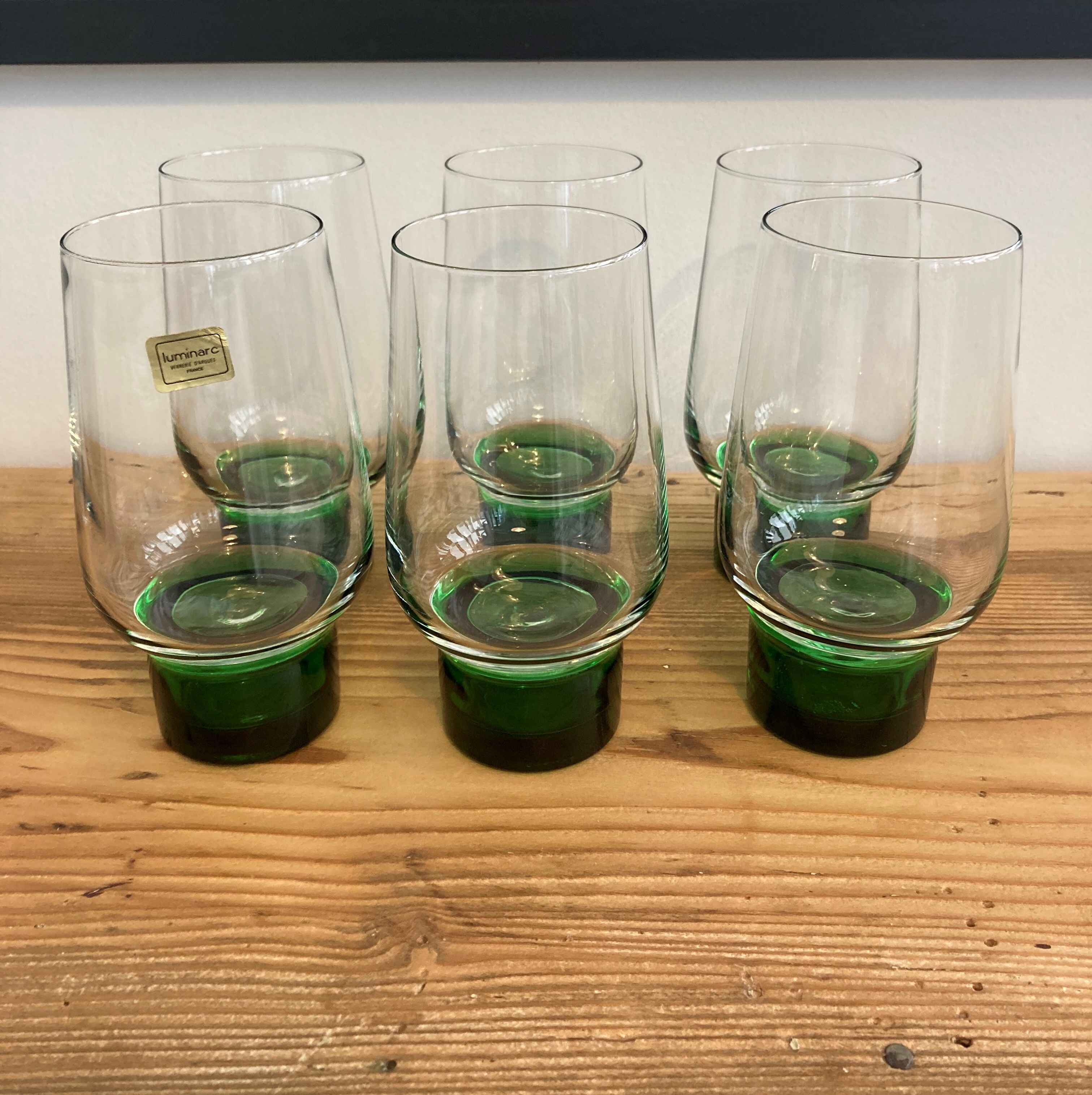Set of 6 large Luminarc green foot glasses
